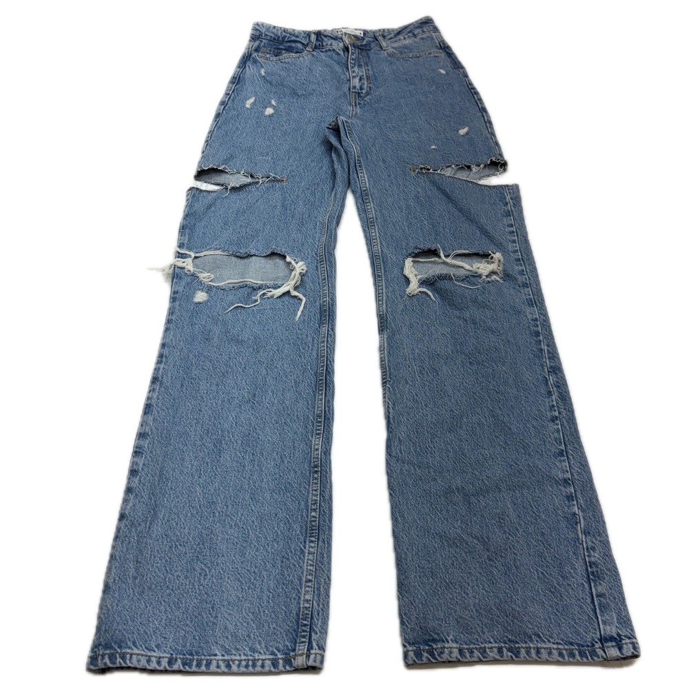 Zara Jeans Womens 4 Blue Distressed Wide Leg High Rise Denim Streetwear